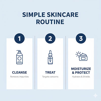 Simple 3-step skincare routine for teen acne: Cleanse, Treat, and Moisturize & Protect.