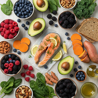 Colorful assortment of anti-inflammatory foods beneficial for sensitive acne-prone skin like salmon, avocados, and berries