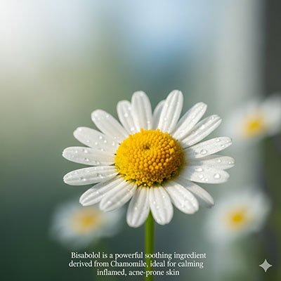 Bisabolol is a powerful soothing ingredient derived from Chamomile, ideal for calming inflamed, acne-prone skin.