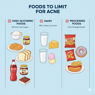 Infographic showing foods to limit for acne: high-glycemic foods, dairy, and processed foods