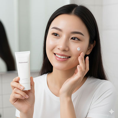 Person with calm, clear skin happily applying a gentle, non-comedogenic moisturizer.