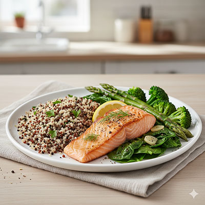 A healthy meal plate with fatty fish, quinoa, and green vegetables, ideal for reducing skin inflammation