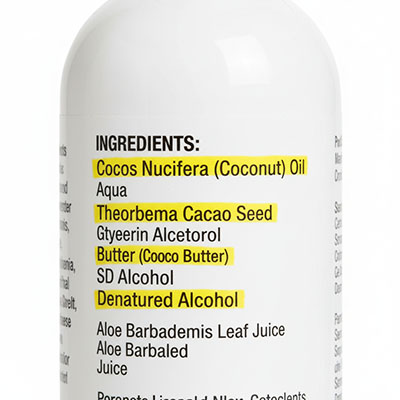 Close-up of a skincare ingredient list highlighting potential acne-triggering ingredients.