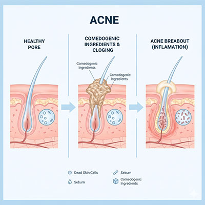 Diagram illustrating how comedogenic ingredients can clog pores and lead to acne breakouts