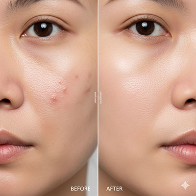 Before and after showing healing of acne scars on sensitive skin using gentle treatments