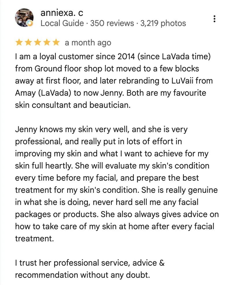 Google review from a customer loyal since 2014 on personalized skin evaluation and honest, no-pressure advice