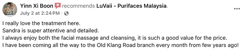 Facebook review describing attentive, detailed service and good value over several years